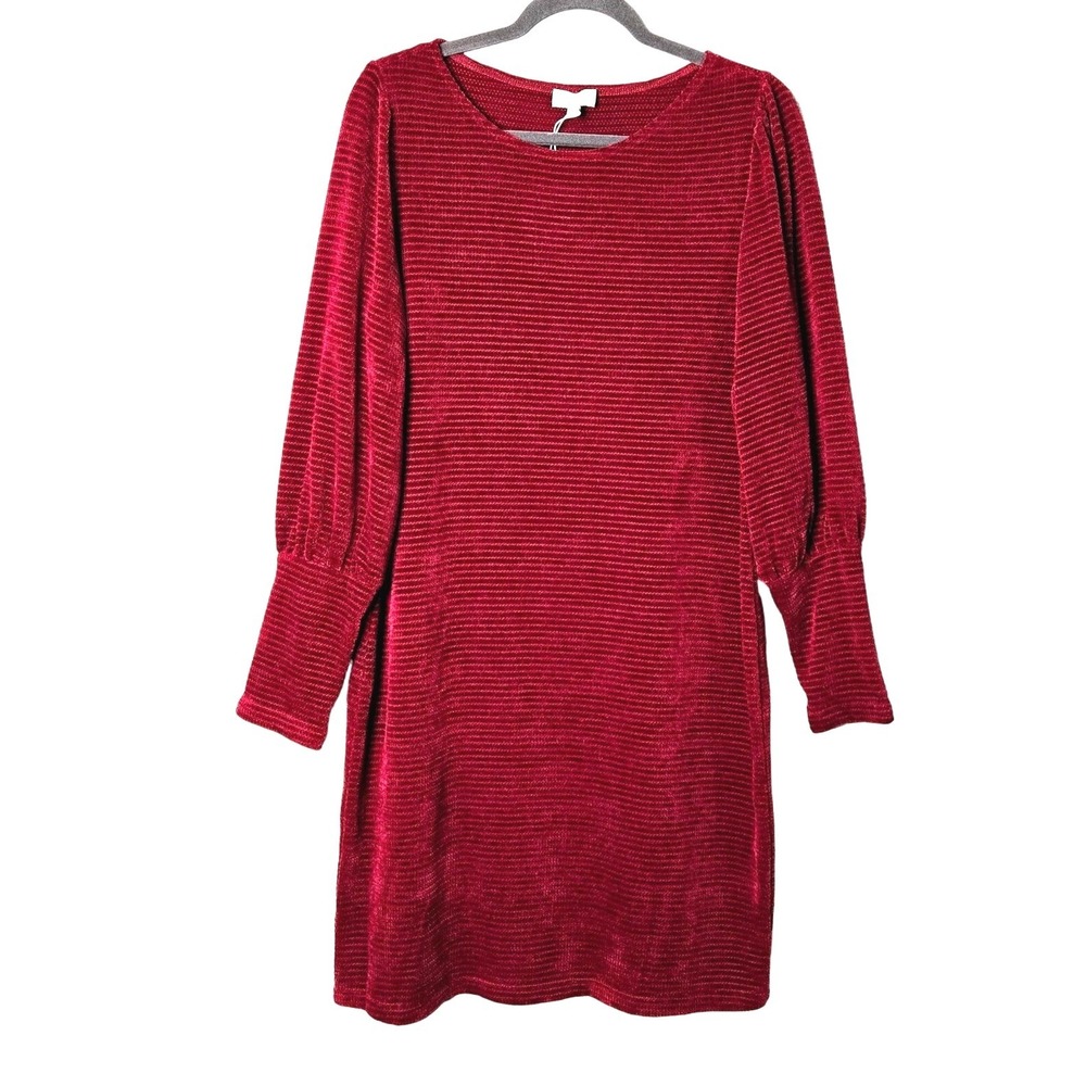Chenault Red Ribbed Velvet Knit Puff‎ Sleeve Mini Shift Dress XL Jewel Tone